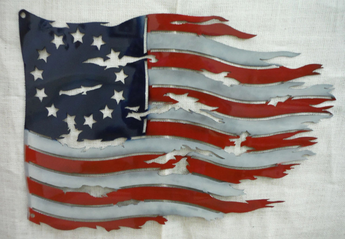 Betsy Ross USA torn metal flag