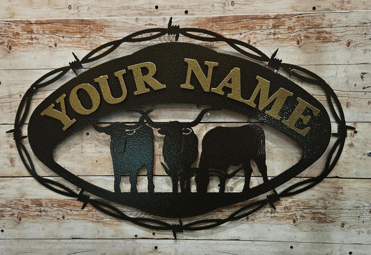 Longhorn custom barbed wire sign