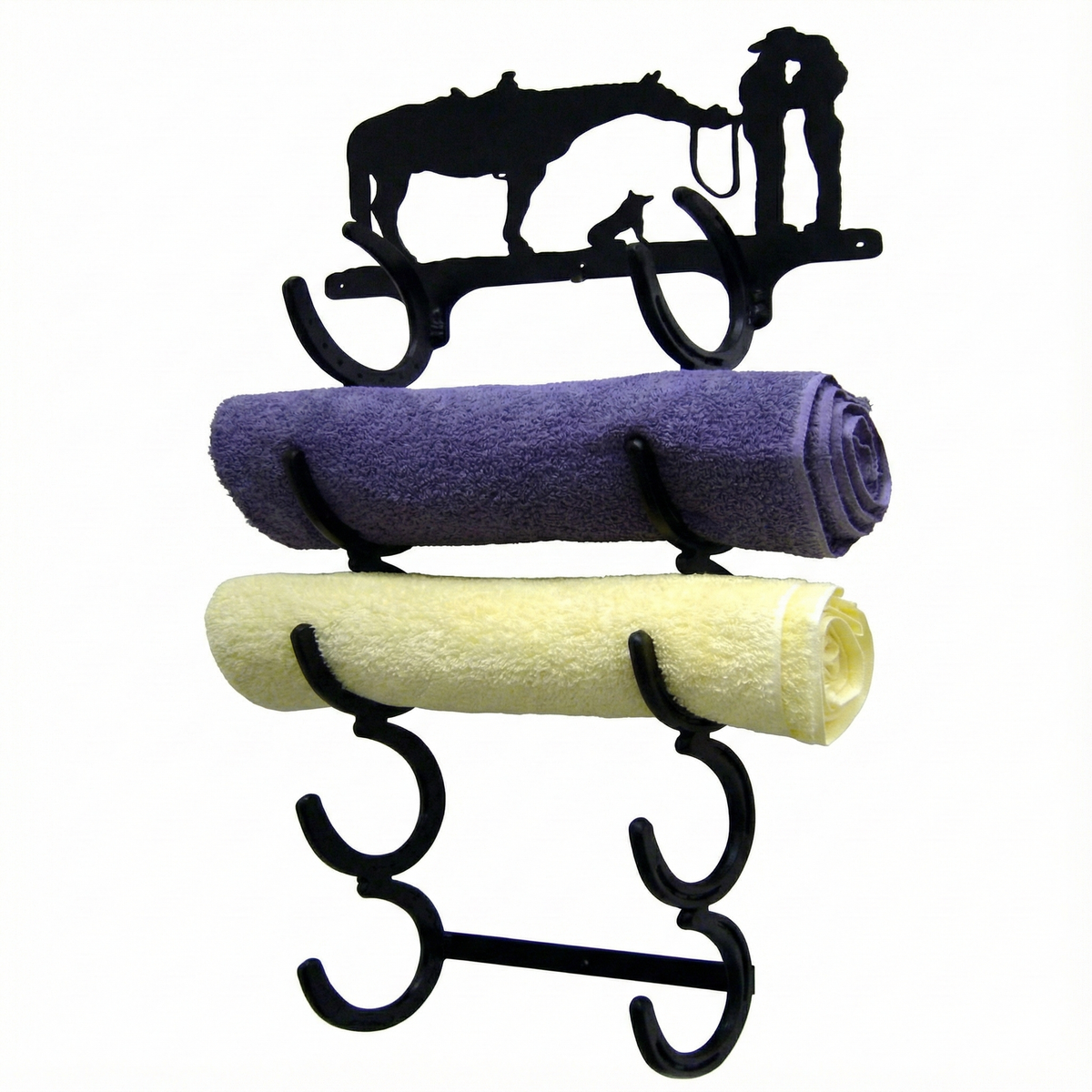 Horseshoe Towel Rack holding rolled bath towels, with a laser-cut scene on top – AllwayzMags