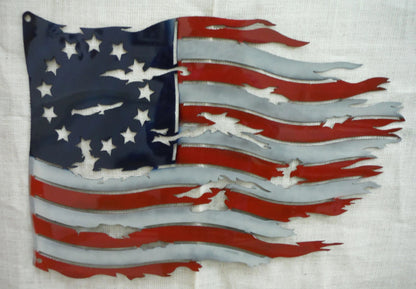 Betsy Ross USA torn metal flag