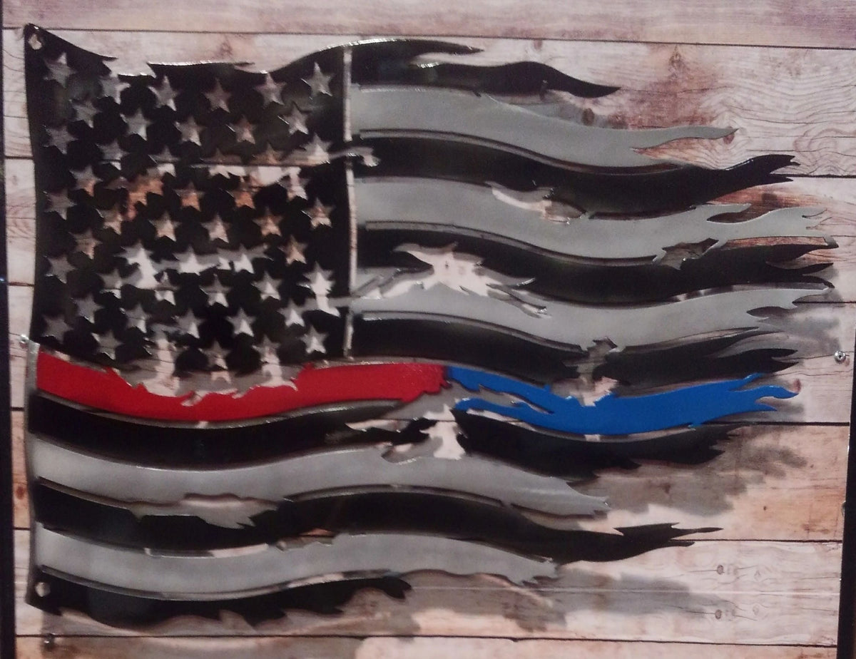 USA Red Line / Blue Line torn metal flag
