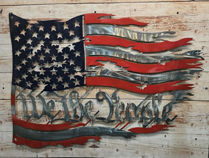 We The People Red Silver and Blue torn metal flag