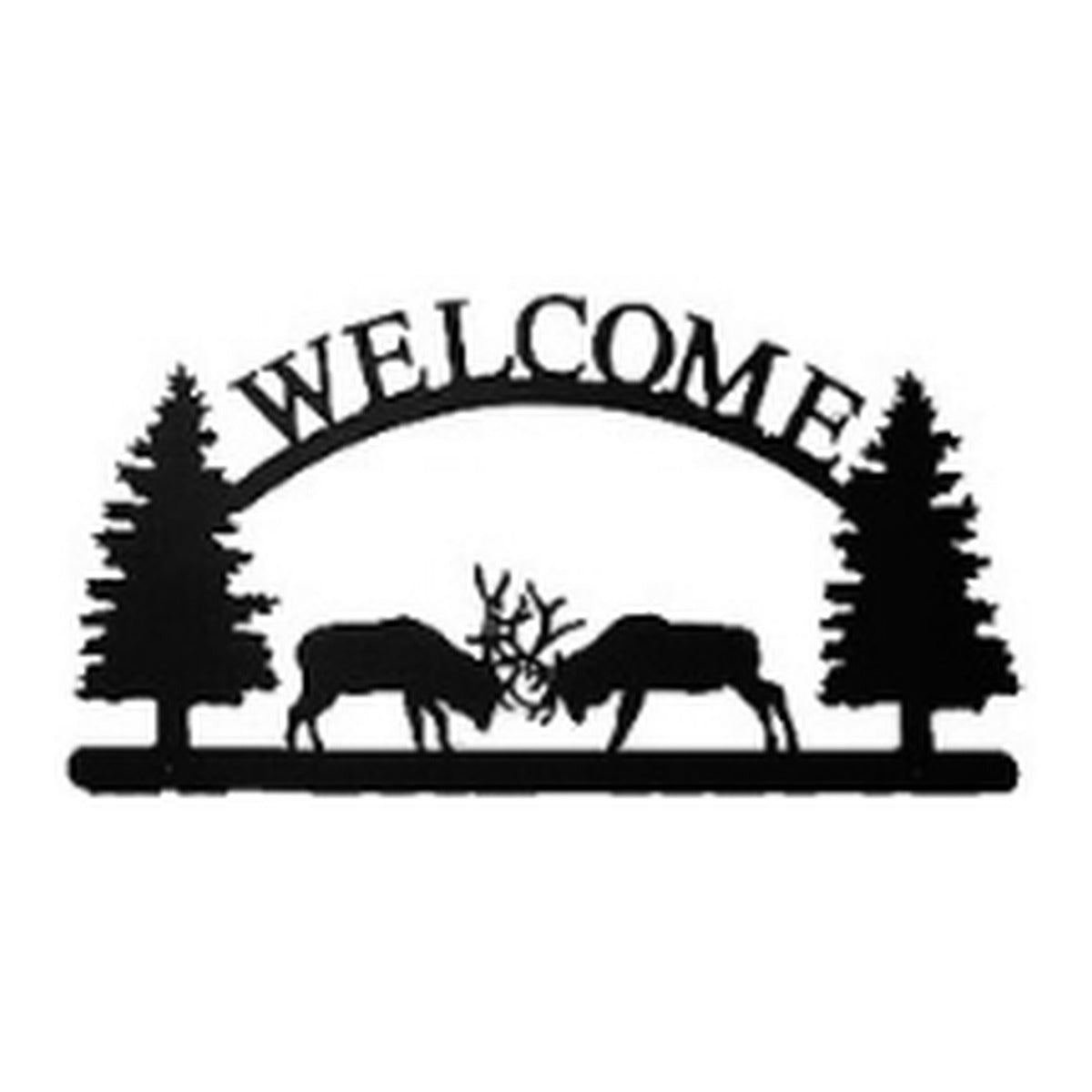 Fighting Elk – Welcome Sign with Scene, Pine Trees