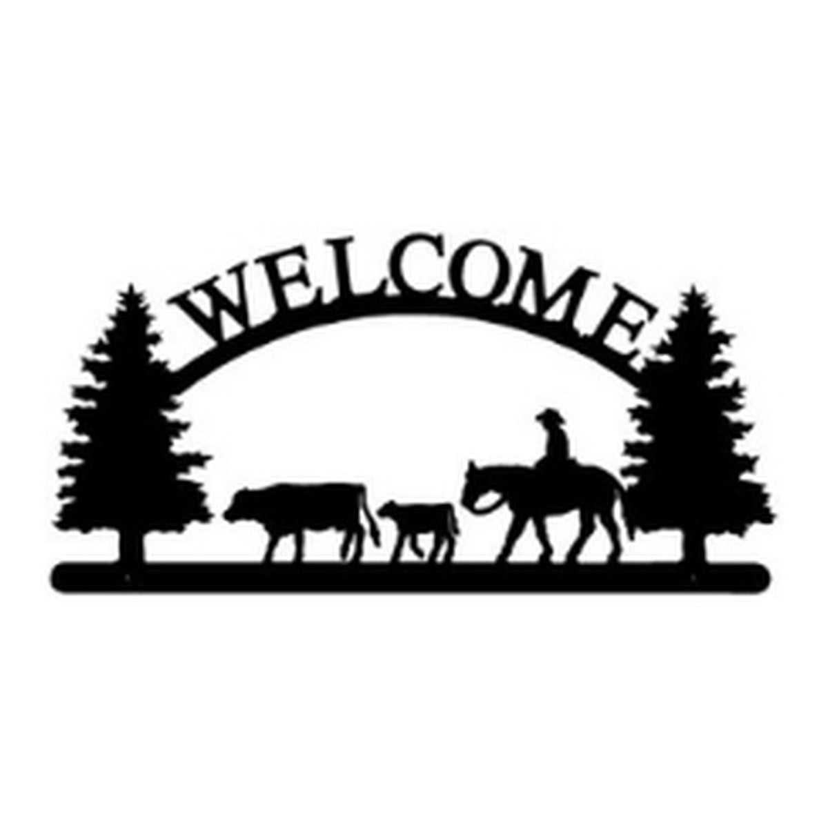 Cowboy with Cow & Calf – Welcome Sign with Scene, Pine Trees