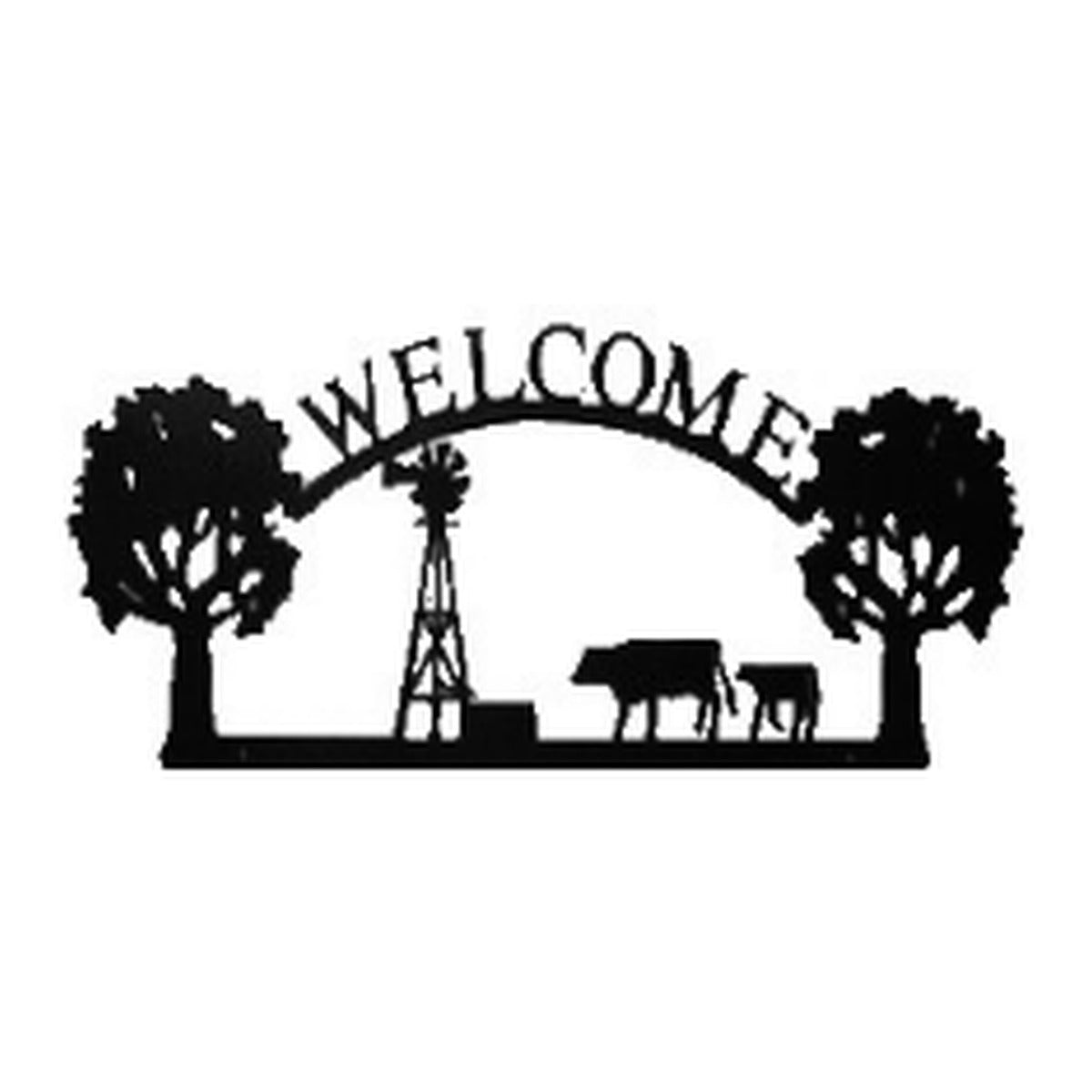 Cows & Windmill – Welcome Sign with Scene, Oak Trees