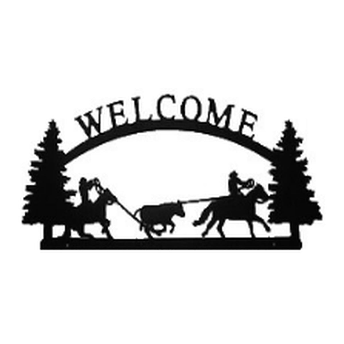 Team Ropers – Welcome Sign with Scene, Pine Trees