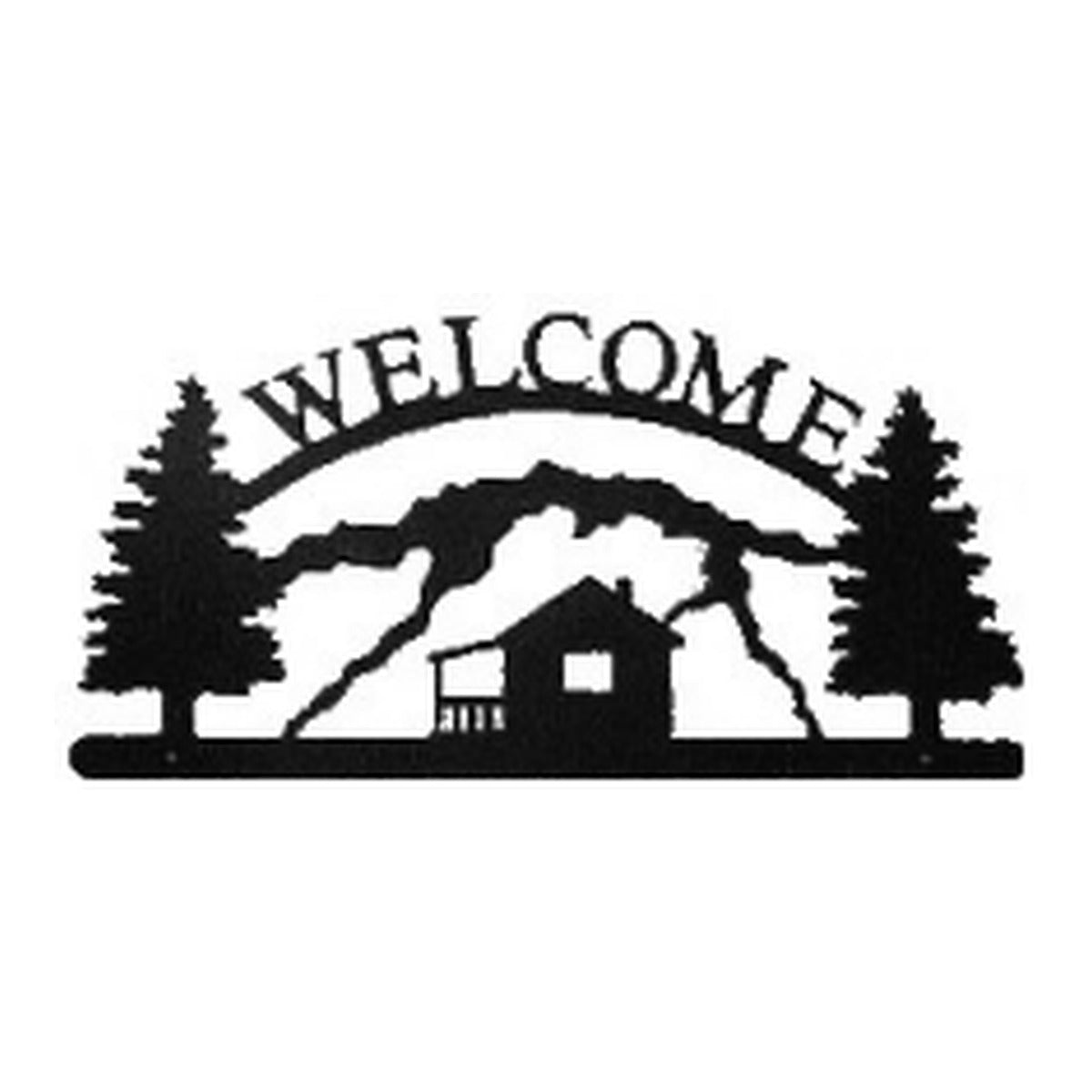 Cabin & Mountains – Welcome Sign with Scene, Pine Trees