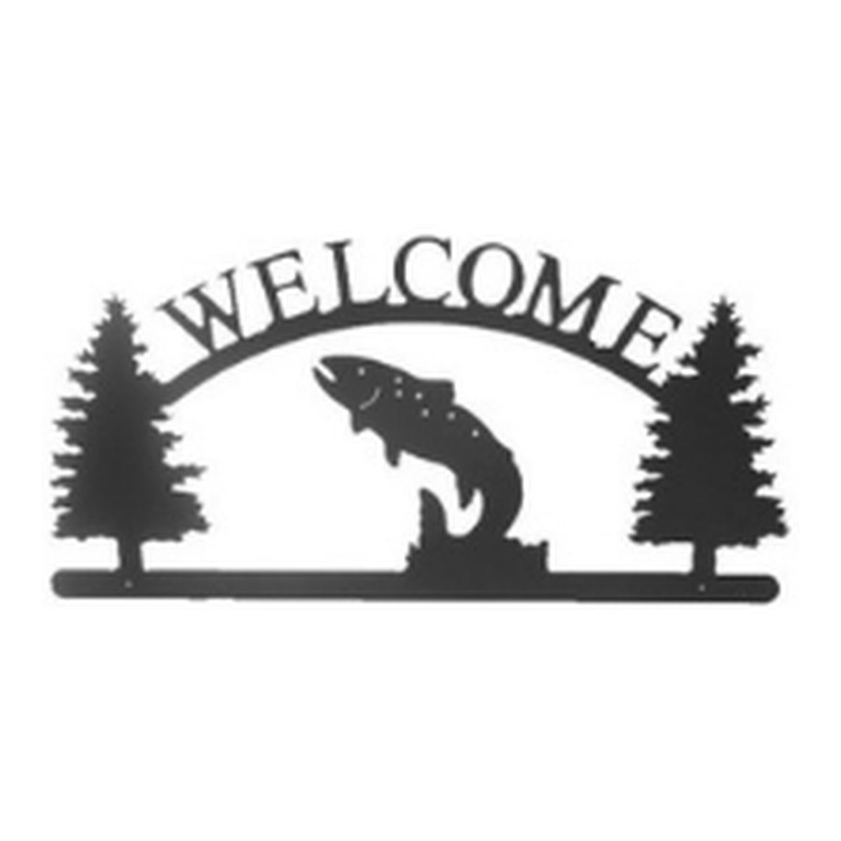 Jumping Trout – Welcome Sign with Scene, Pine Trees