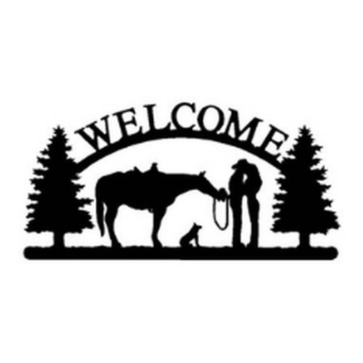 Cowboy Couple with Horse & Dog 1 – Welcome Sign with Scene, Pine Trees