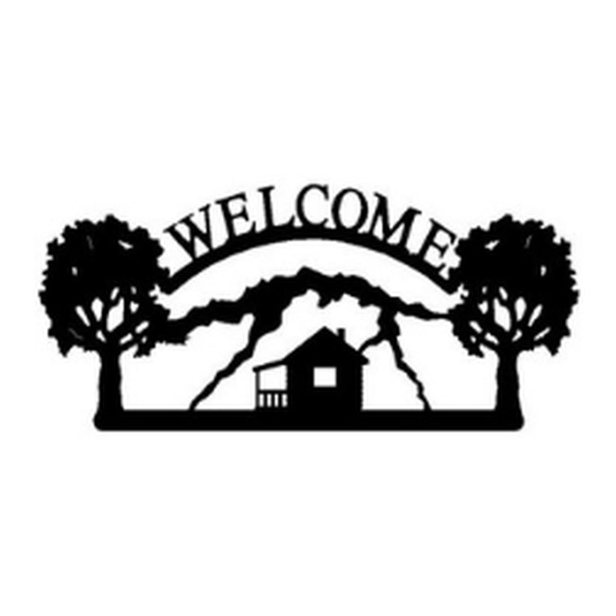 Cabin & Mountains – Welcome Sign with Scene, Oak Trees