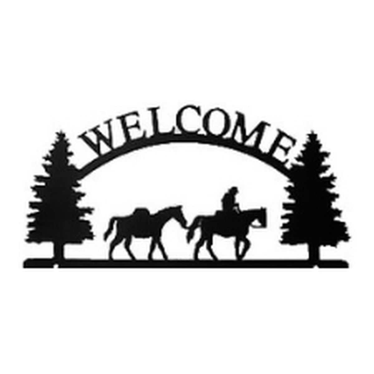 Rider with Pack Horse – Welcome Sign with Scene, Pine Trees