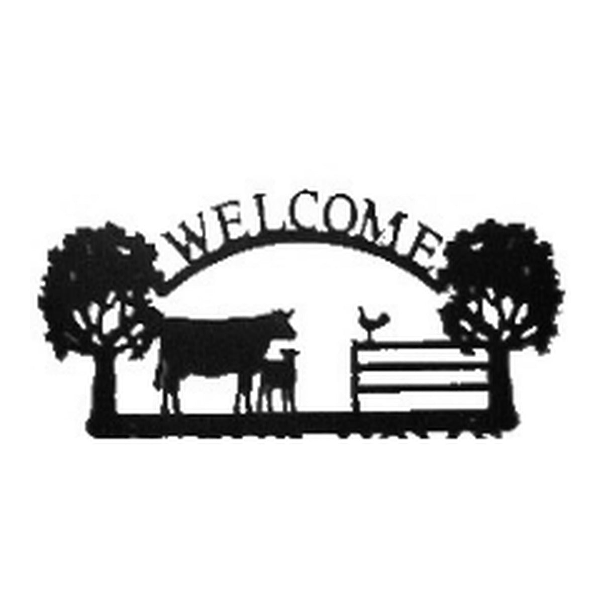 Cow & Calf at the Gate – Welcome Sign with Scene, Oak Trees