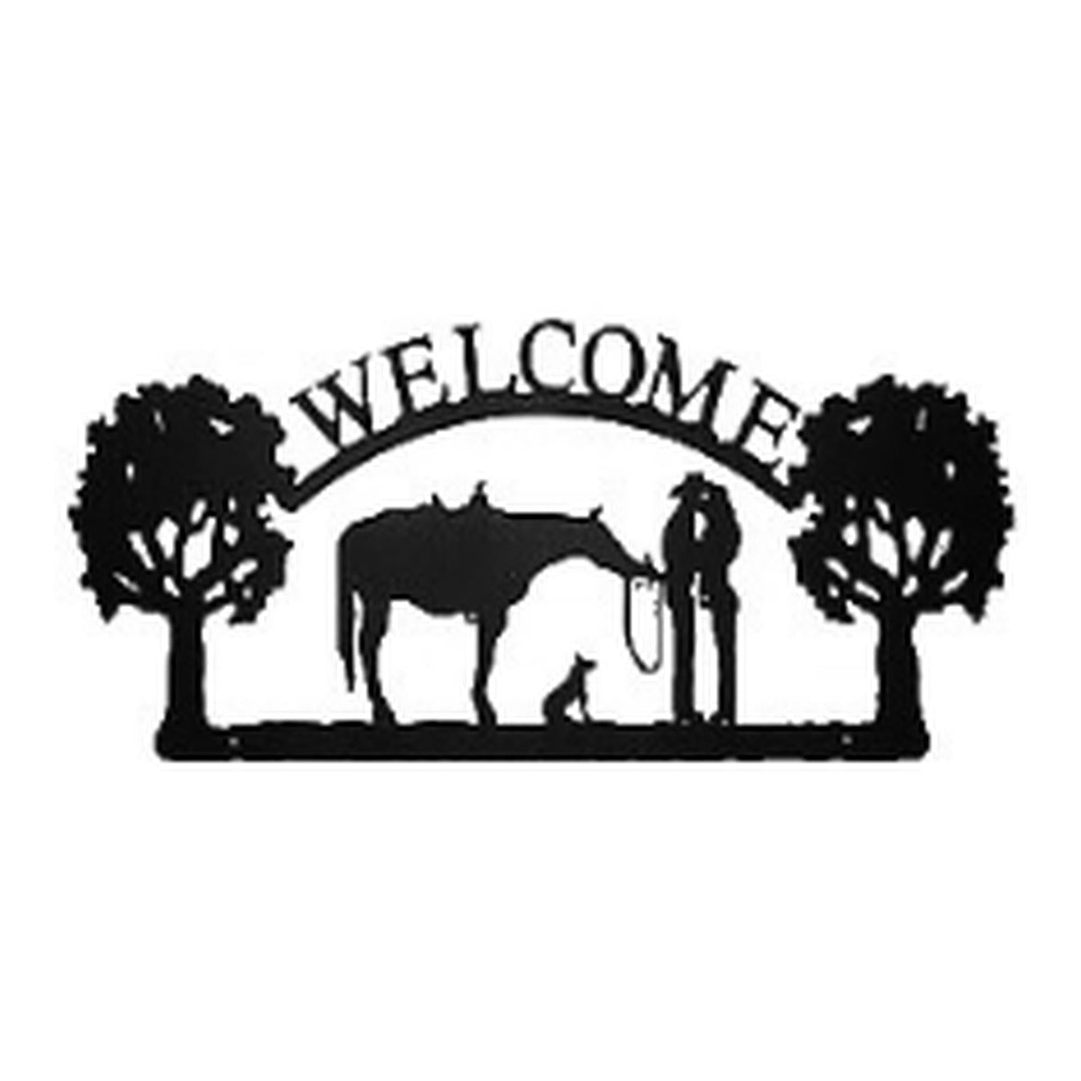 Cowboy Couple with Horse & Dog – Welcome Sign with Scene, Oak Trees