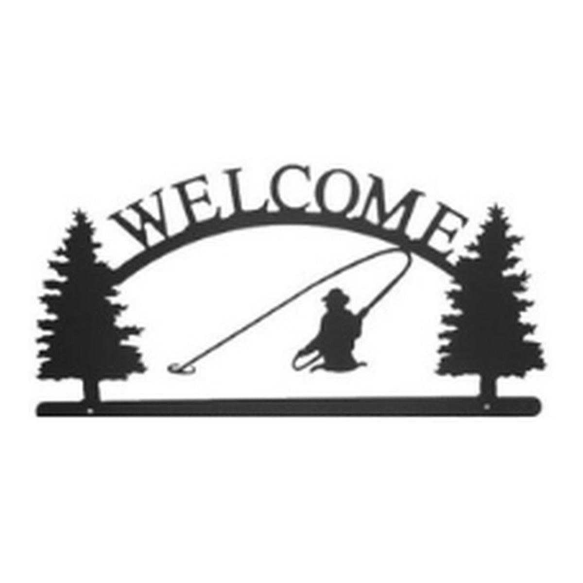 Fly Fisherman – Welcome Sign with Scene, Pine Trees