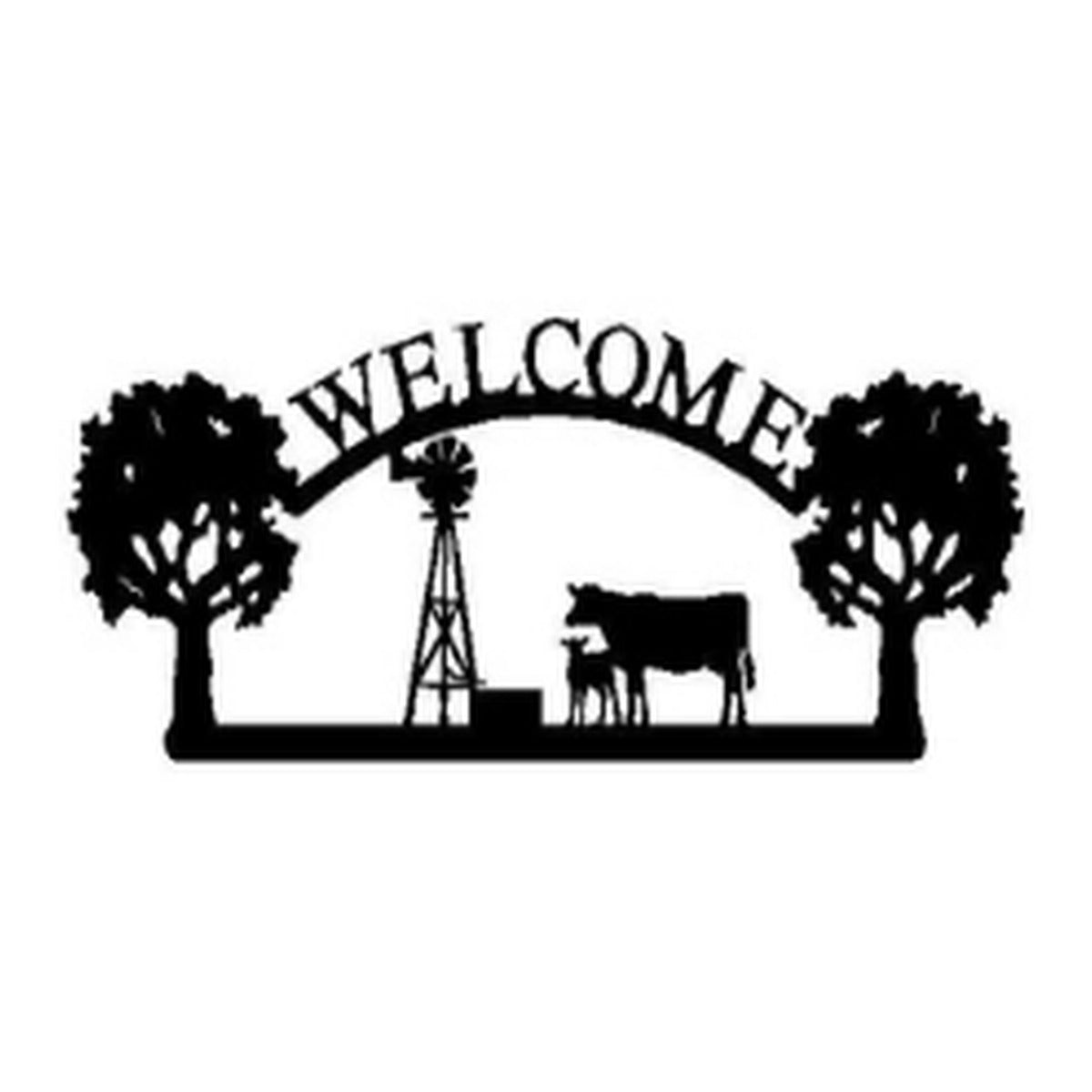 Cow & Calf with Windmill – Welcome Sign with Scene, Oak Trees