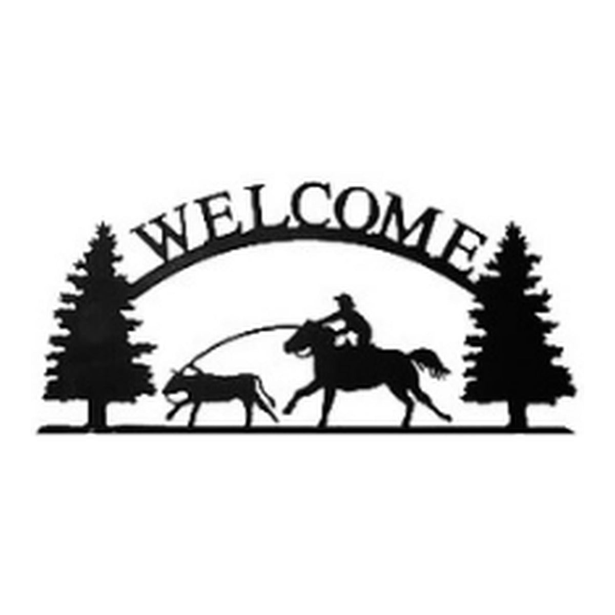Calf Roper – Welcome Sign with Scene, Pine Trees