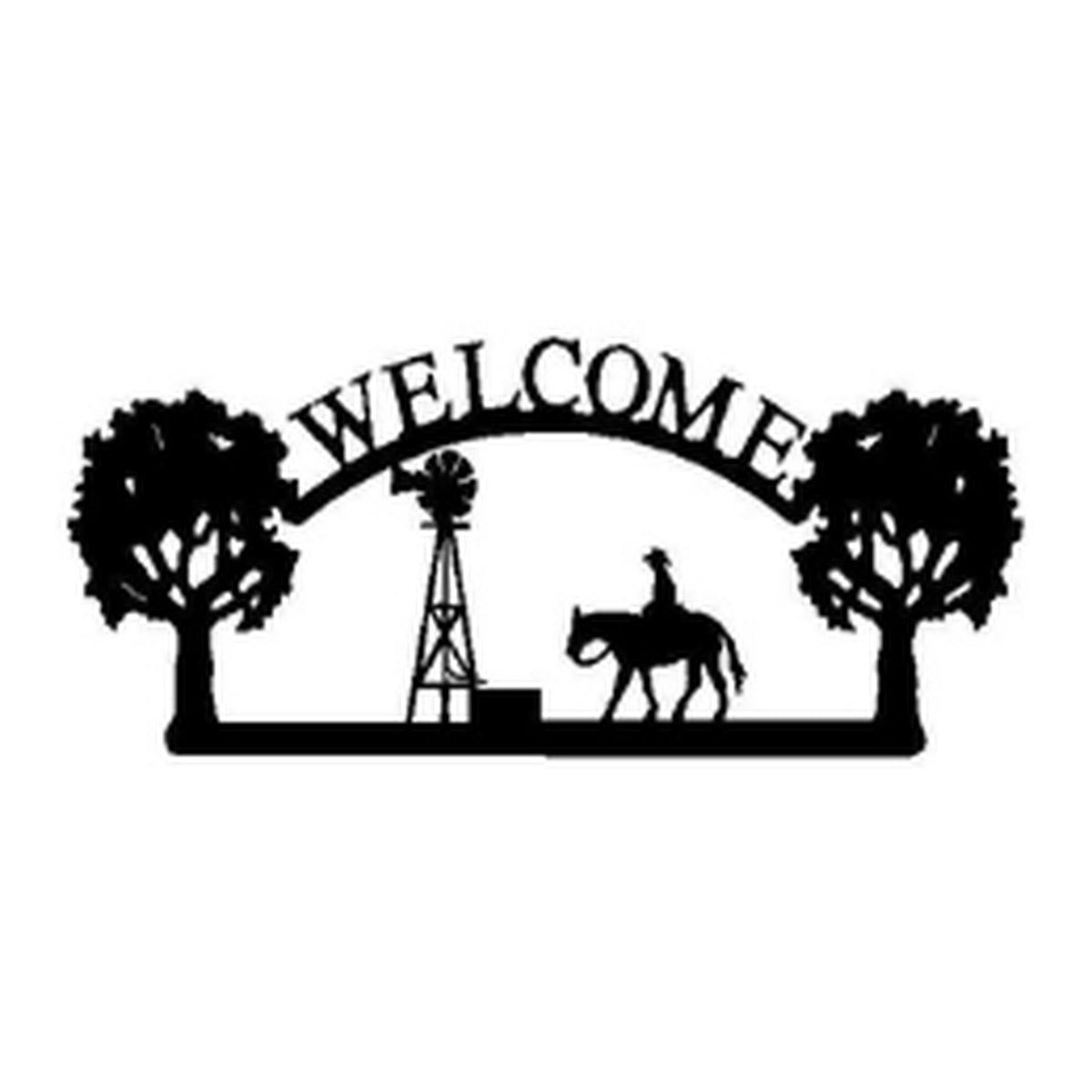 Cowboy & Windmill – Welcome Sign with Scene, Oak Trees