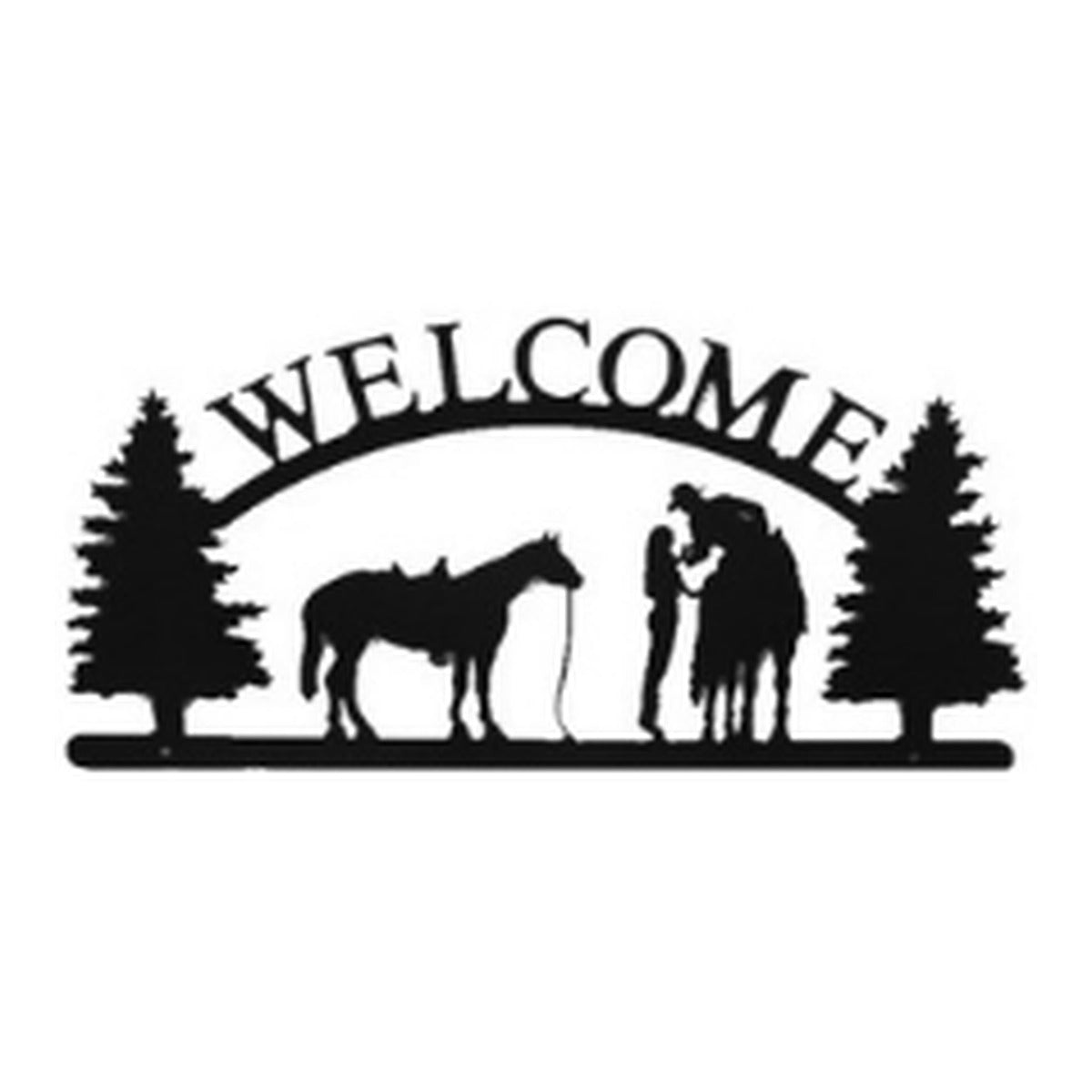 Cowboy & Horse – Welcome Sign with Scene, Pine Trees