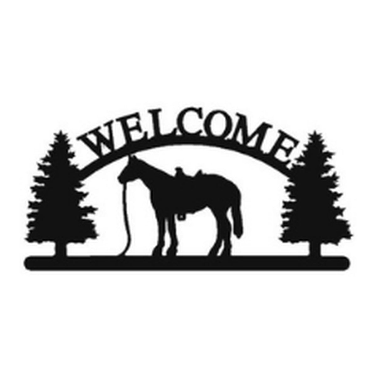 Saddled Horse – Welcome Sign with Scene, Pine Trees