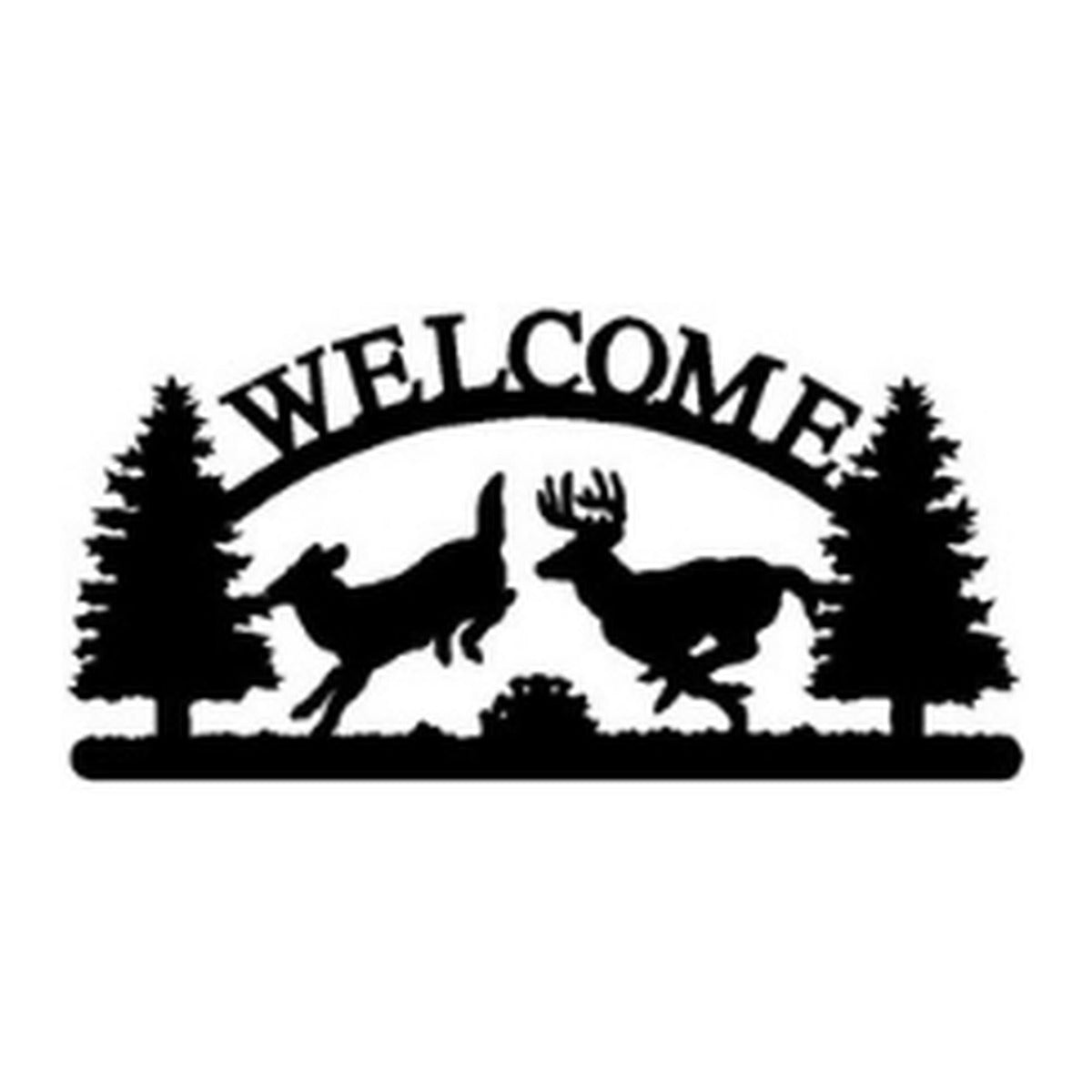 Running Whitetails 2 – Welcome Sign with Scene, Pine Trees