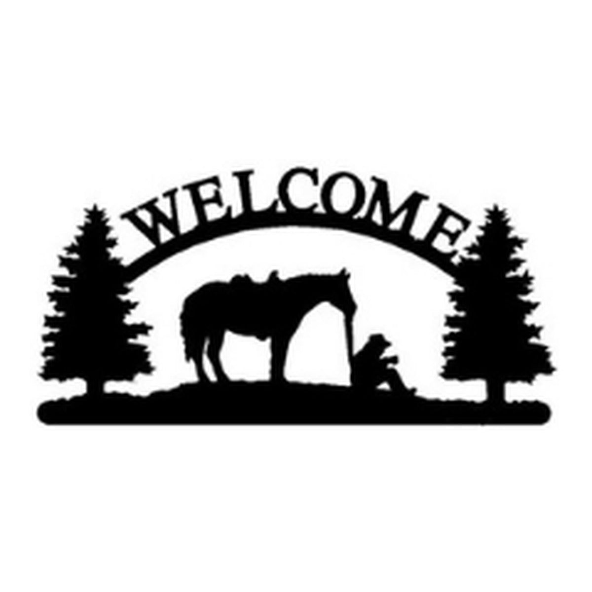 Cowboy Resting – Welcome Sign with Scene, Pine Trees