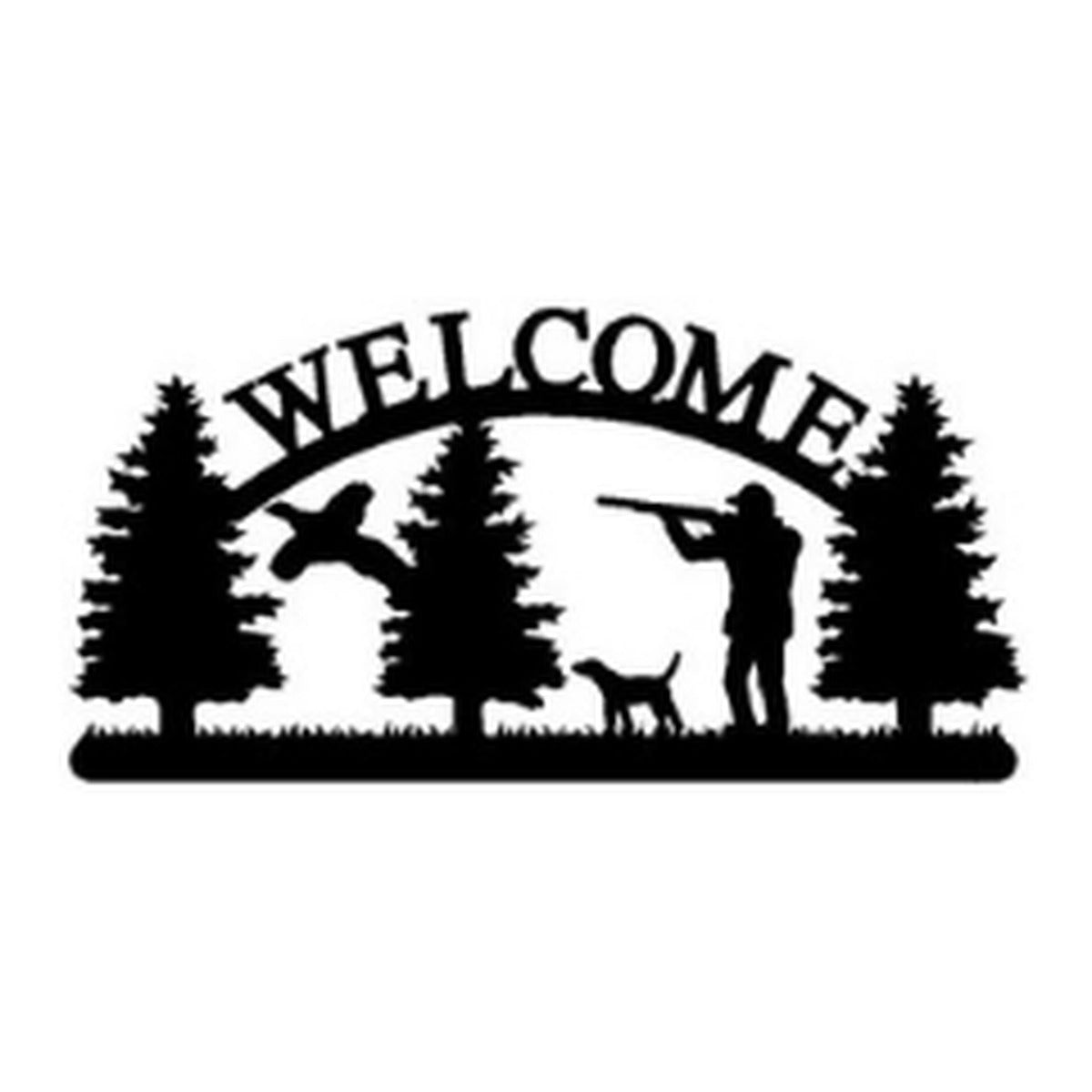 Pheasant Hunter & Dog – Welcome Sign with Scene, Pine Trees