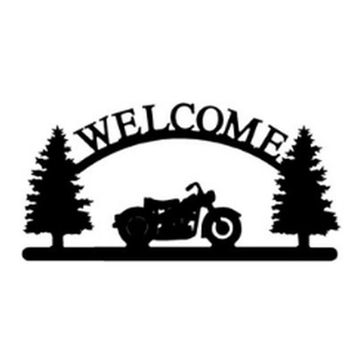 Motorcycle – Welcome Sign with Scene, Pine Trees