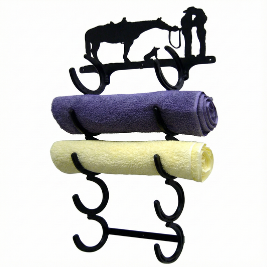 Horseshoe Towel Rack holding rolled bath towels, with a laser-cut scene on top – AllwayzMags