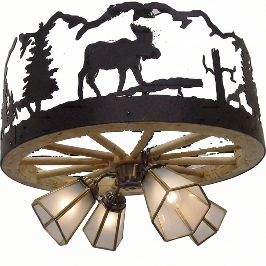 Wagon Wheel Chandelier Frosted Glass 24" Diameter
