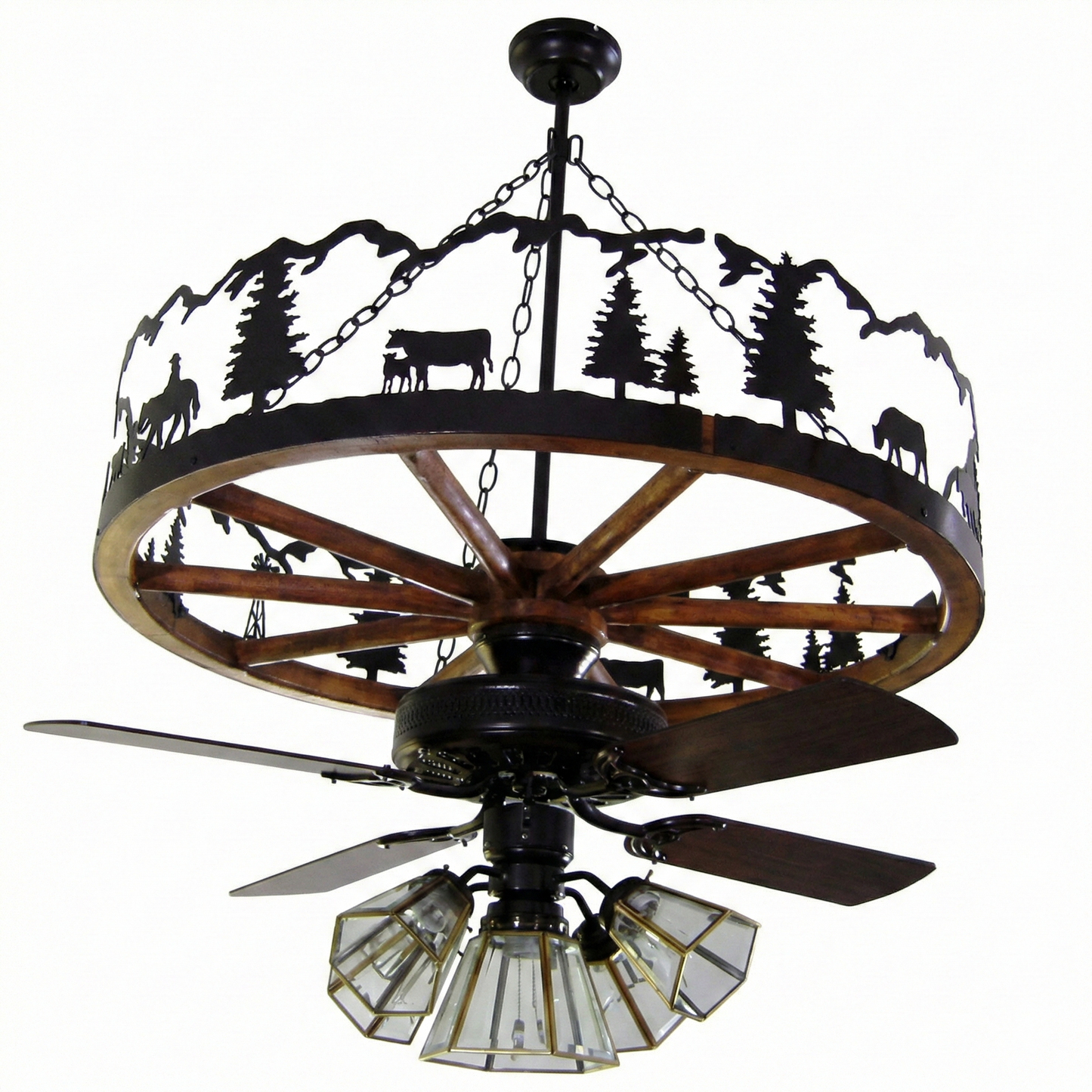 Wagon Wheel Chandelier with Fan Clear Glass 36 Inch