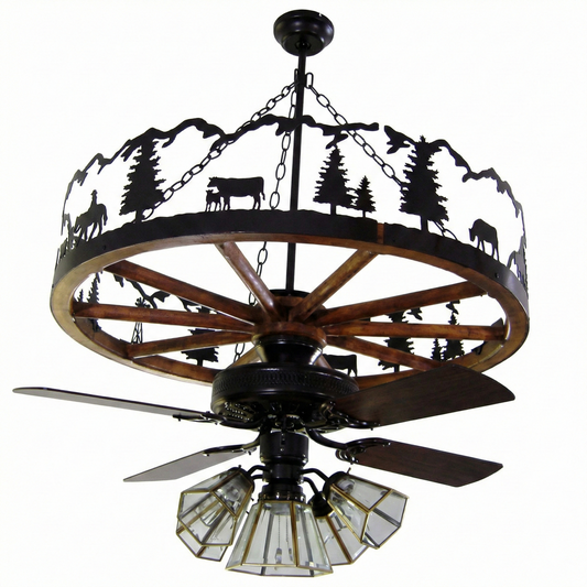 Wagon Wheel Chandelier with Fan Clear Glass 36 Inch