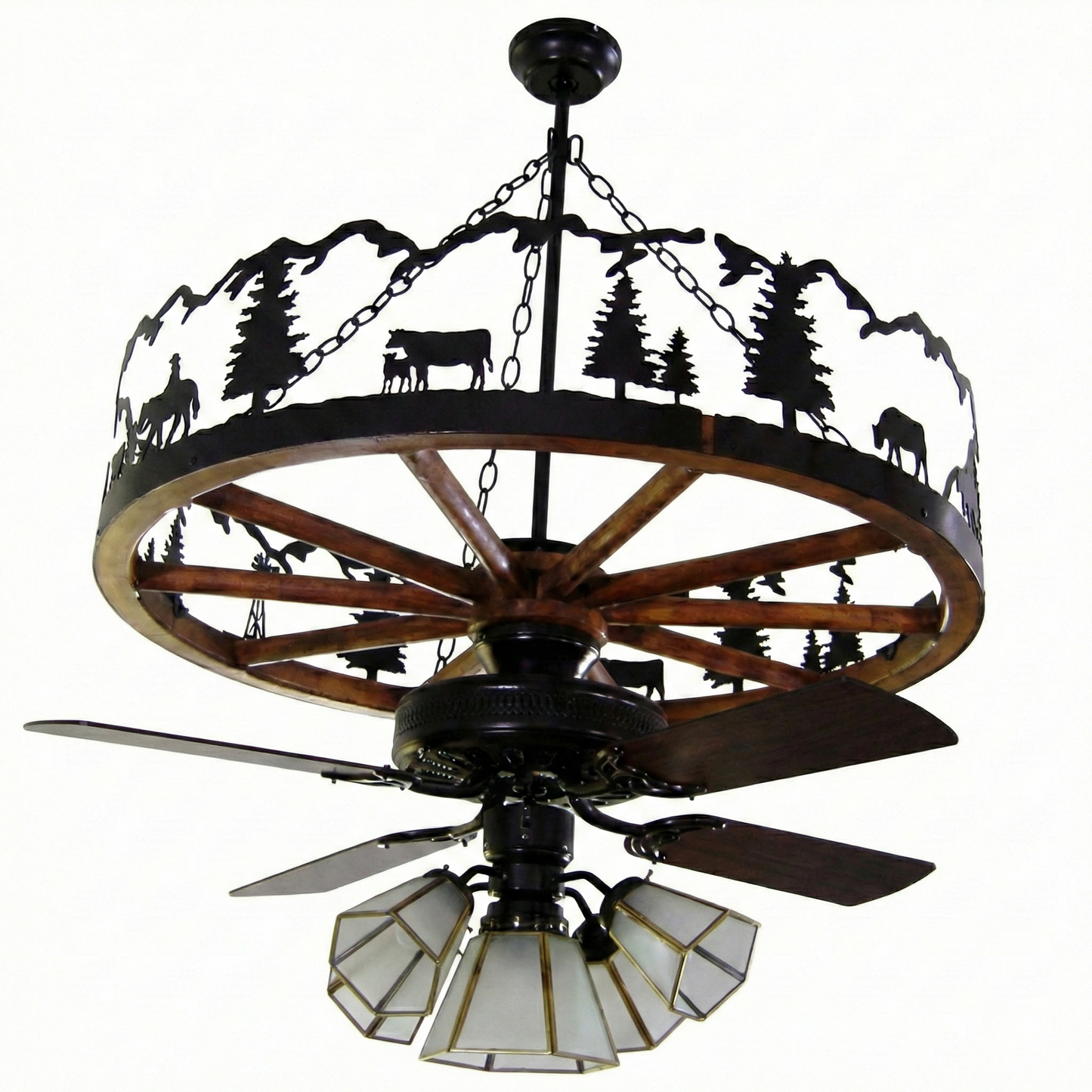 Wagon Wheel Chandelier with Fan Frosted Glass 36 Inch