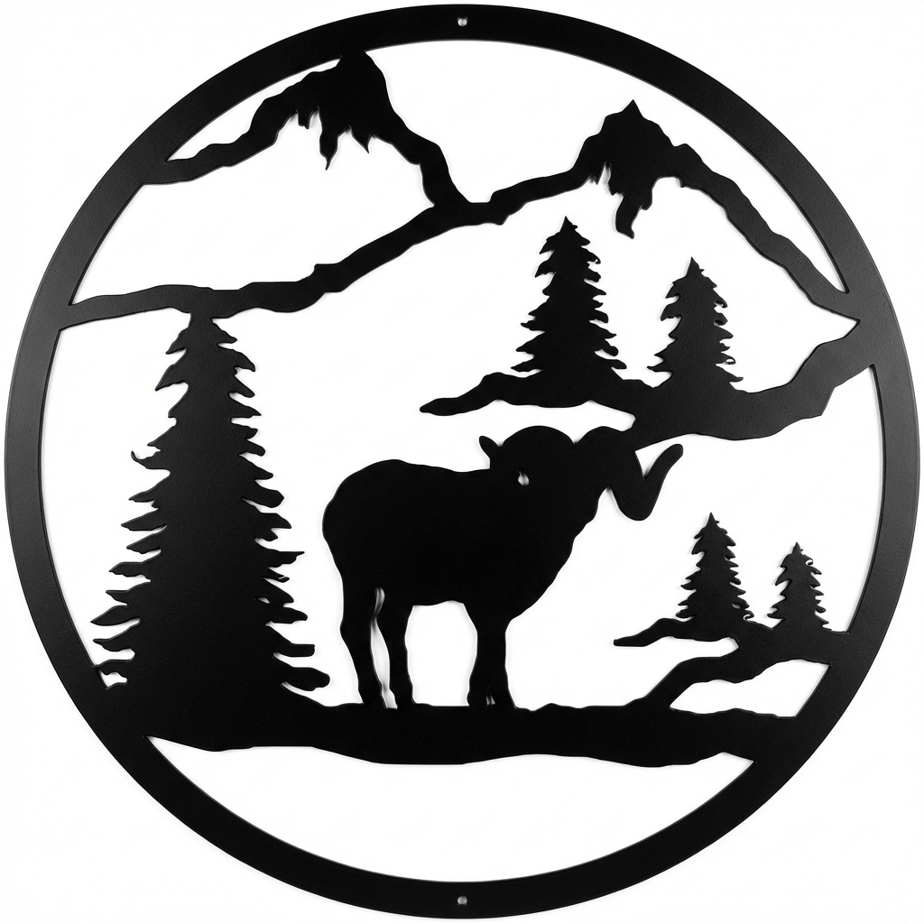 Bighorn Sheep round metal wall hanging, 13 inch, AllwayzMags