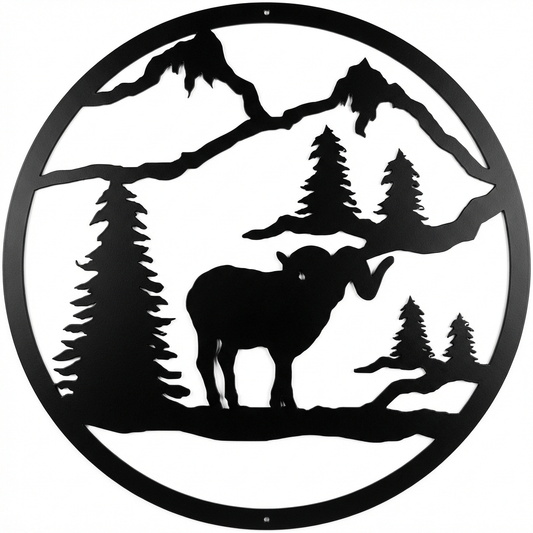 Bighorn Sheep round metal wall hanging, 13 inch, AllwayzMags