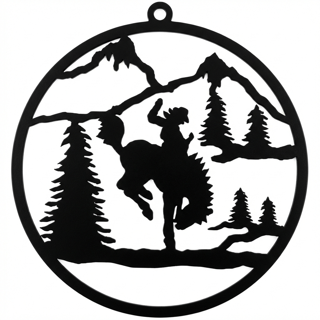 Bronc Rider round metal wall hanging, 13 inch, AllwayzMags