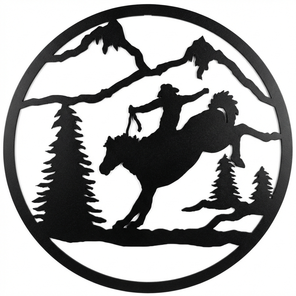 Bronc Rider round metal wall hanging, 36 inch, AllwayzMags
