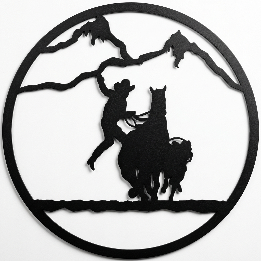 Bull Rider round metal wall hanging, 13 inch, AllwayzMags
