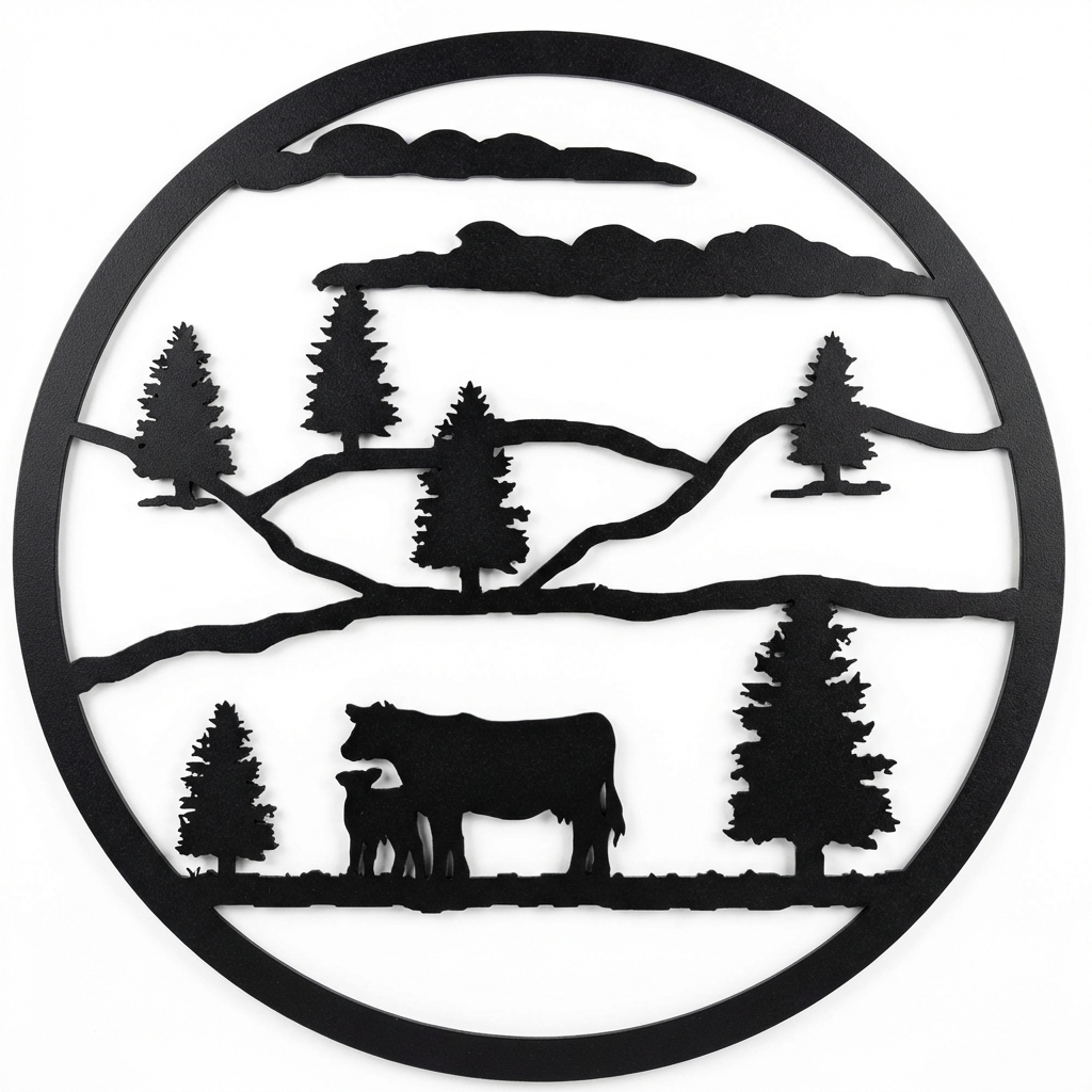 Cow and Calf round metal wall hanging, 24 inch, AllwayzMags