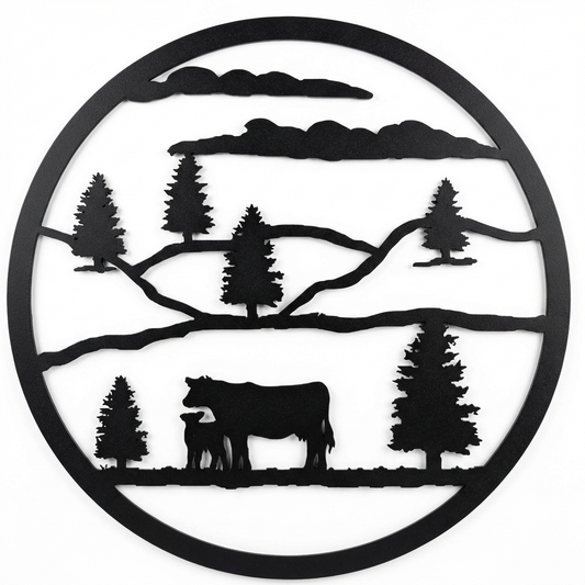 Cow and Calf round metal wall hanging, 24 inch, AllwayzMags
