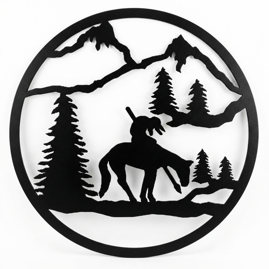 Cowboy on Horse round metal wall hanging, 13 inch, AllwayzMags