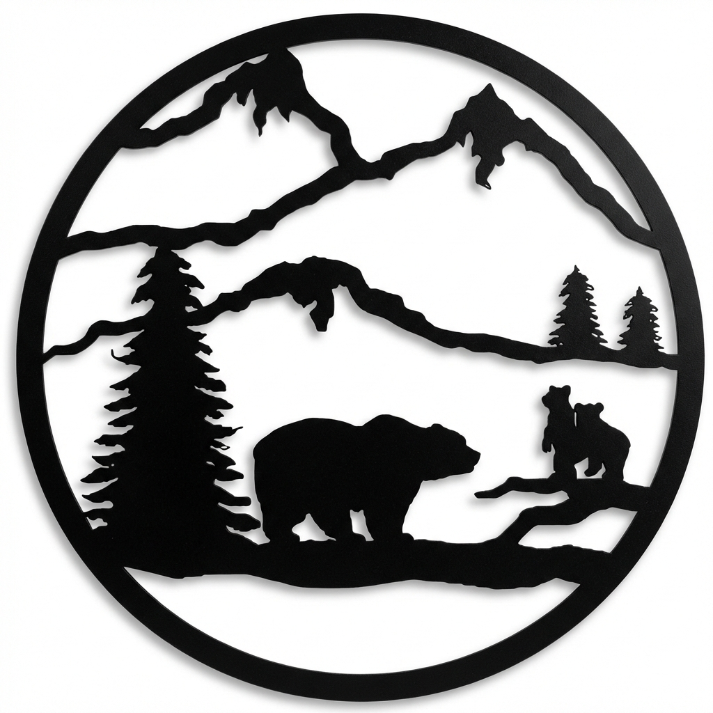 Bear and Cub round metal wall hanging, 36 inch, AllwayzMags