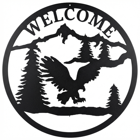 Welcome Eagle round metal wall hanging, 24 inch, AllwayzMags