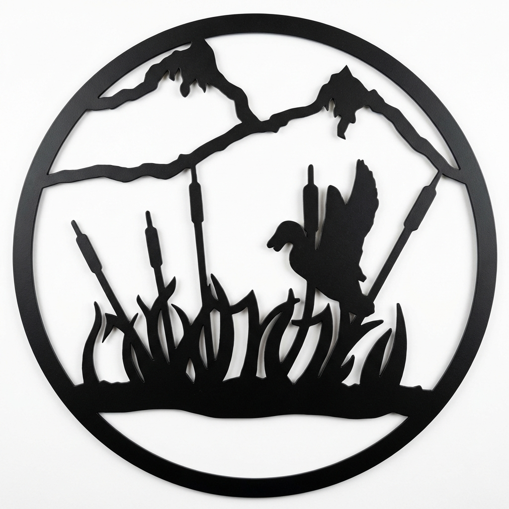 Duck in Cattails round metal wall hanging, 13 inch, AllwayzMags