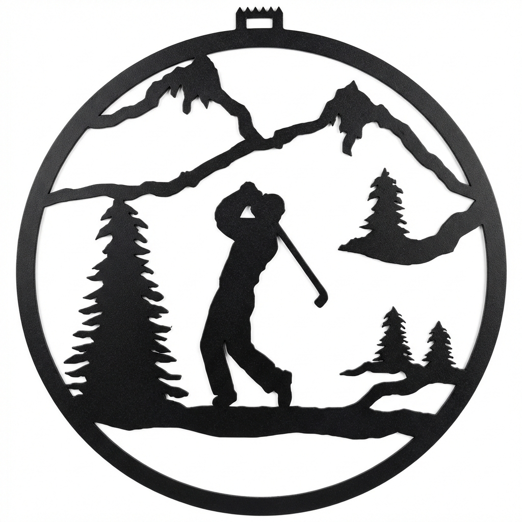 Golfer round metal wall hanging, 13 inch, AllwayzMags