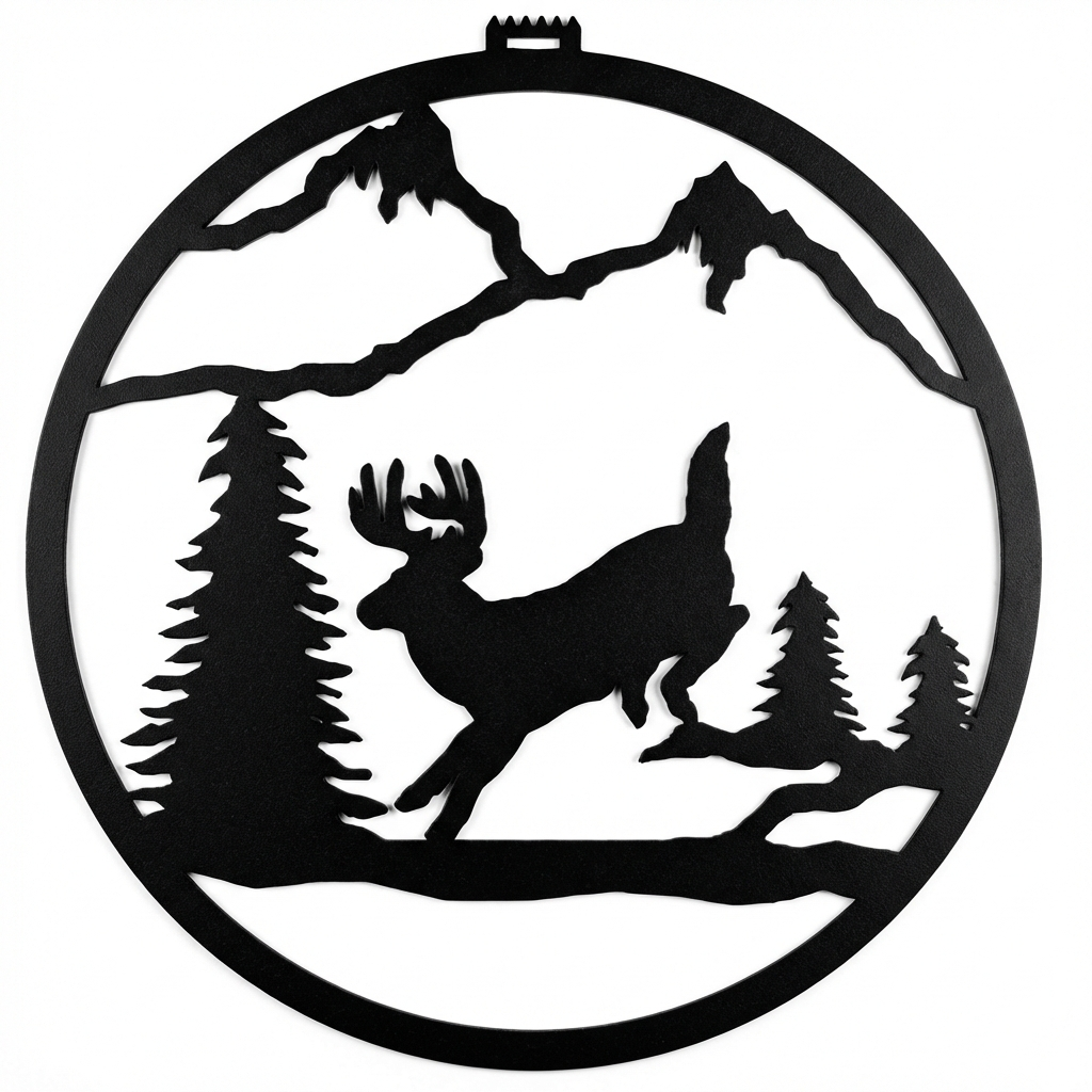 Jumping Whitetail round metal wall hanging, 36 inch, AllwayzMags