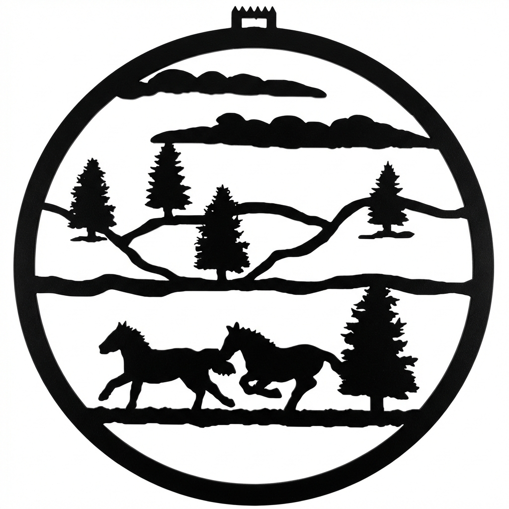 Running Horses round metal wall hanging, 13 inch, AllwayzMags